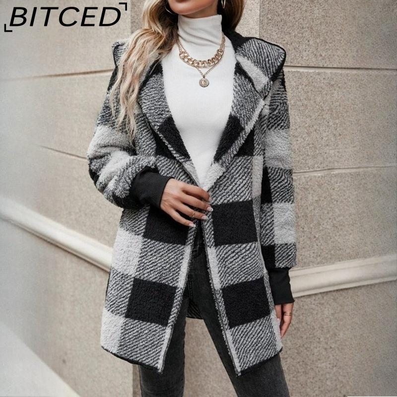 BITCED Autumn/Winter Oversized Plaid Color-Block Knit Cardigan Fashion Sweater for Women S