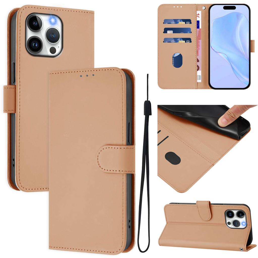 For iPhone 15 Pro Max Case Solid Color Wallet Leather Phone Cover with Strap