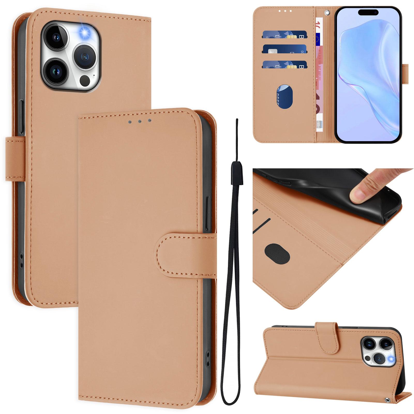 

For iPhone 15 Pro Max Case Solid Color Wallet Leather Phone Cover with Strap C