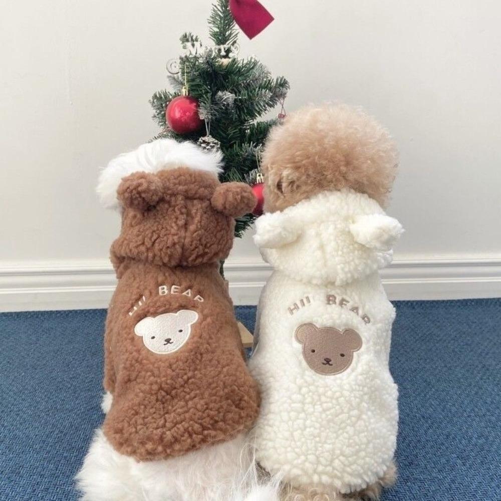 Cartoon Bear Pattern Plush Dog Hoodie with Hat Puppy Winter Clothing for Large Small Pet