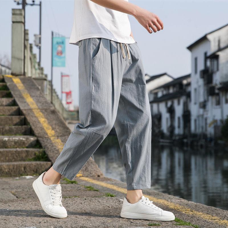 Men's Linen Long Pants Spring Autumn Drawstring Vertical Button Breathable Comfortable Loose Straight Beach Casual Pants