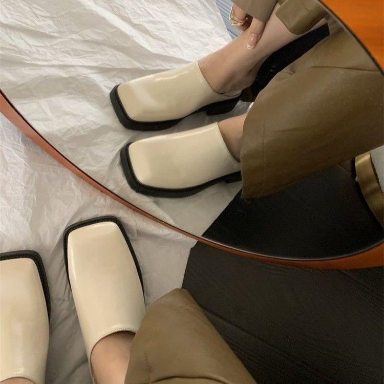 

French English square toe, thick heel, medium heel, no heel, small leather shoes, one foot, single thick heel, muller, toe toe, half slippers 35