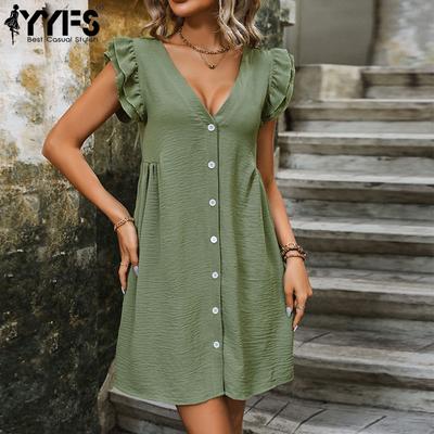 Women's Fashion Summer Spring Solid Color Print Sleeveless V-Neck High Waist Casual Dresses