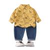 Boys' Dinosaur Print Two-Piece Set: Lapel Long Sleeve Top & Elastic Denim Pants
