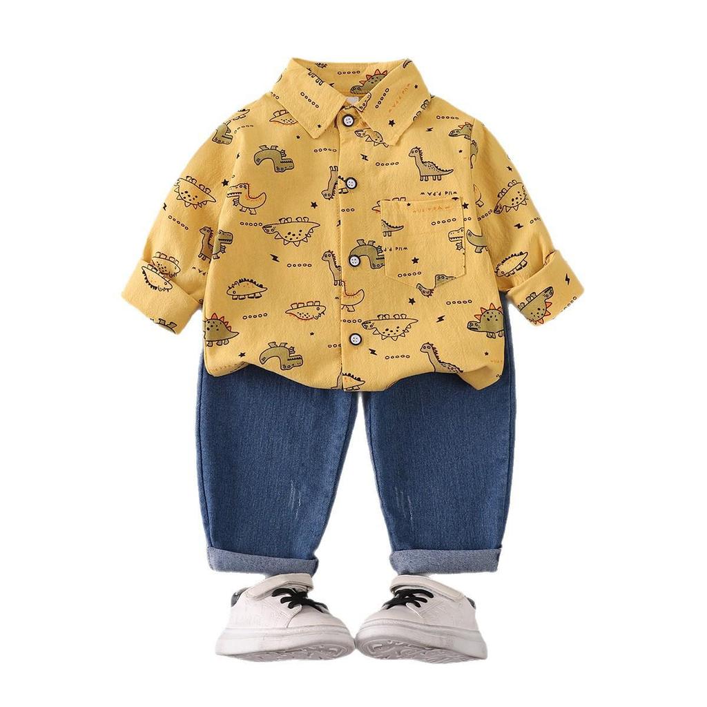 Boys' Dinosaur Print Two-Piece Set: Lapel Long Sleeve Top & Elastic Denim Pants