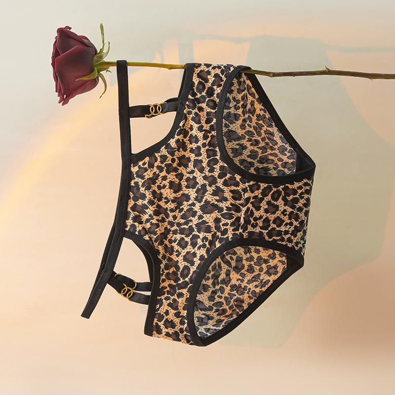 Dívčí jarní a letní leopardí vzor kovová přezka sexy tenký pásek vykrojené zvedající boky střední pas trojúhelníkové kalhotky
