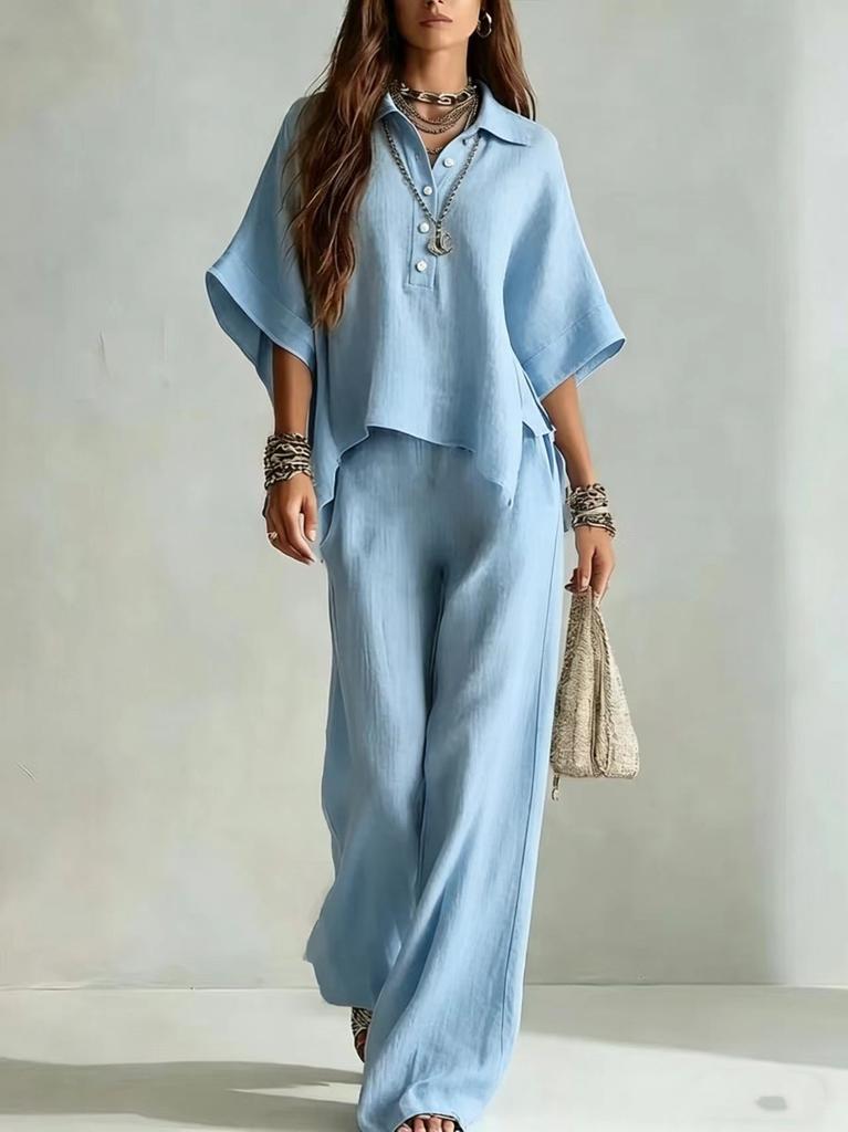 2026 New European and American Style Linen Wide-leg Pants Set Women's Summer Loose Shirt Two-piece Set Fashion Casual Trendy