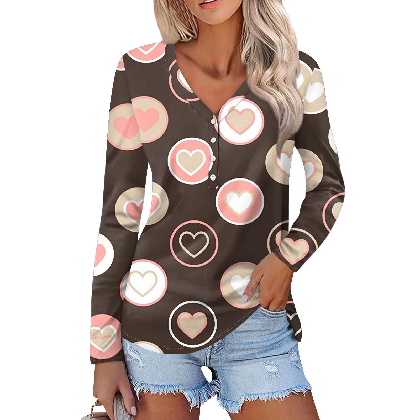 

Женская мода повседневная блузка с длинным рукавом и принтом «Любовь ко Дню святого Валентина» с V-образным вырезом S киноварь