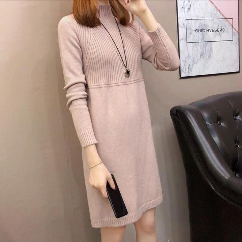 Half Turtleneck Sweater for Women In Autumn and Winter Loose Long-sleeved Mid-length Knitted Dress Solid Color Casual Pullover