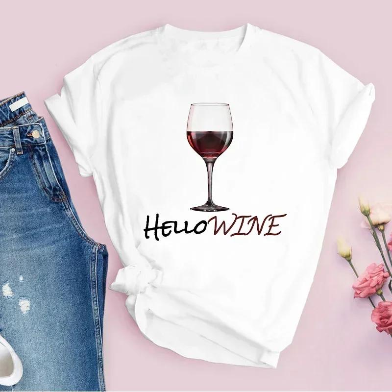Kreslený potisk sklenice na červené víno módní trend styl Harajuku krátký rukáv kulatý výstřih Dámské tričko