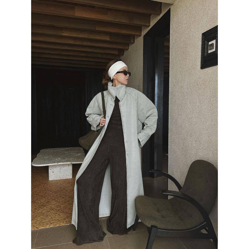 

Ветровка из жареного мытого хлопка в стиле ретро для женщин, осенний темперамент, облегающий крой, свободное длинное пальто M серый