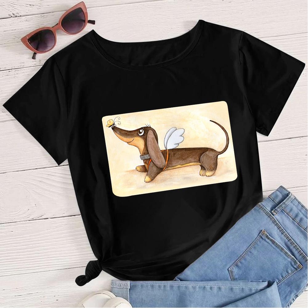 Angel Dachshund Kawaii Cartoon Teens T Shirts Young Happy Black Tops Multicolor Tee Shirt Women Fashion