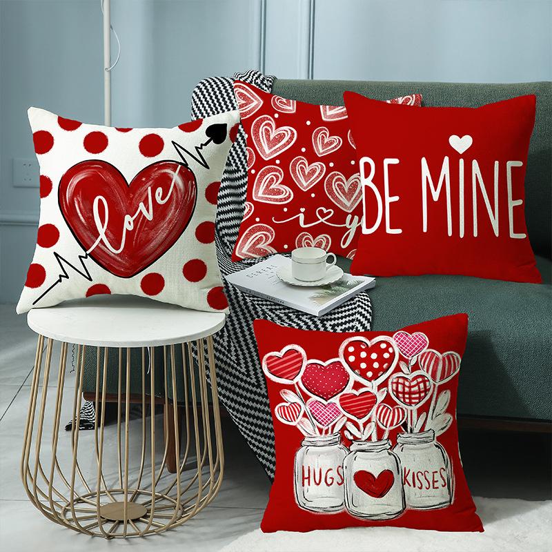 Cushion Decoration Living Room Valentine's Day Love Pillow Cartoon Print Red Couple Pillow Linen Cushion