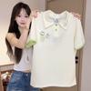 Summer gram snowflake pearl short-sleeved t-shirt women's embroidery loose POLO collar versatile women's new top