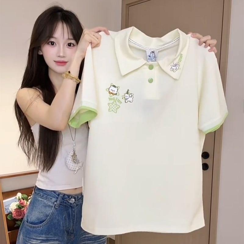 Summer gram snowflake pearl short-sleeved t-shirt women's embroidery loose POLO collar versatile women's new top