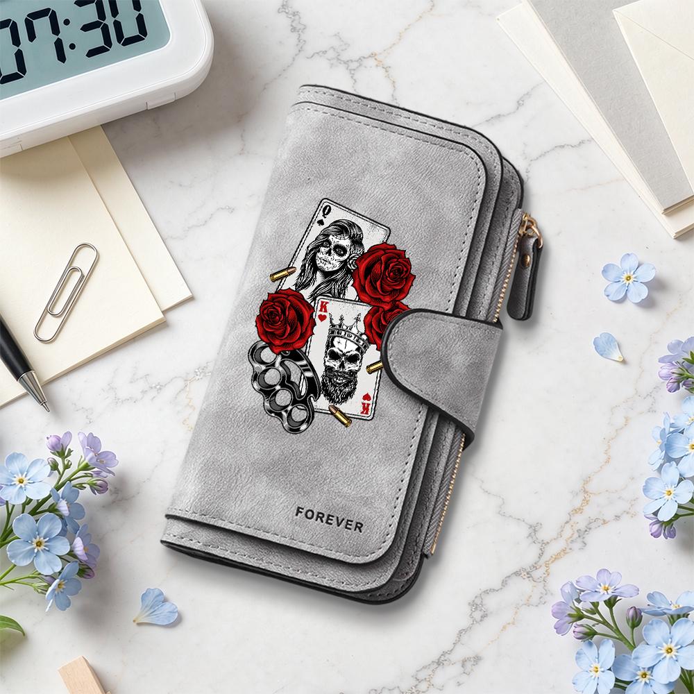 Gothic Skull Rose Couple Card Holder Forever Style Long Fashion Wallet
