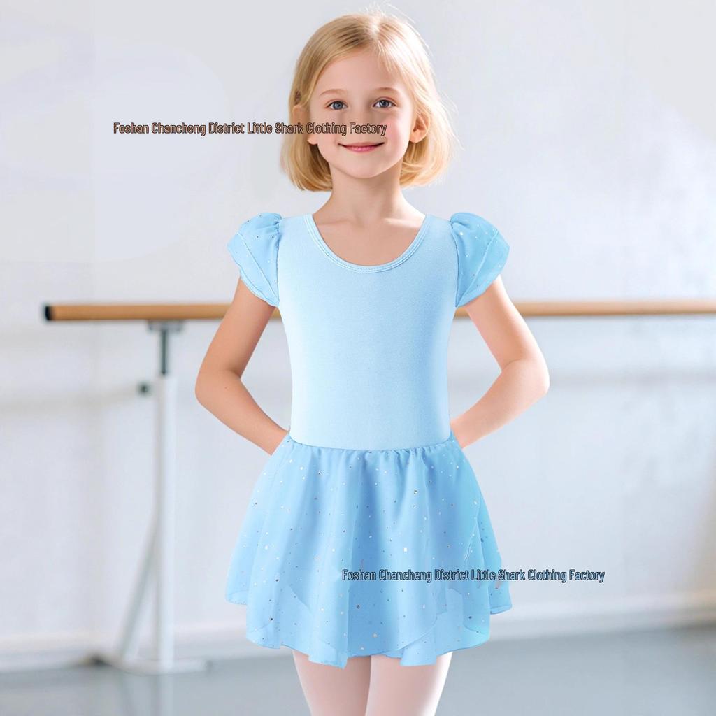 Dětské šifonové taneční šaty s flitry a křížovým zadním dílem pro balet a gymnastiku