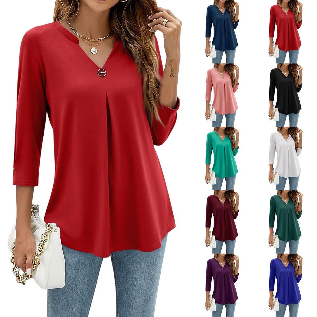 Damen Kragen V-Ausschnitt 3/4 Ärmel Hemden Business Casual Oberteile Locker Arbeit Blusen