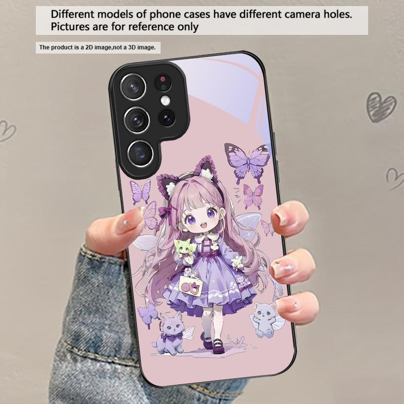 

Q-version Blue Butterfly For Samsung Galaxy S20 S21 S22 S23 Plus S24 FE S25 Ultra S26 Edge S25+ S20+ S22+ Black Glass Phone Case Galaxy S25 Edge