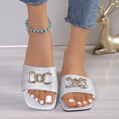 Fashion 2024 High Quality Ladies Shoes Plus Size Women's Slippers Fashion Metal Decoration Modem Slippers New Square Toe Flat Slippers