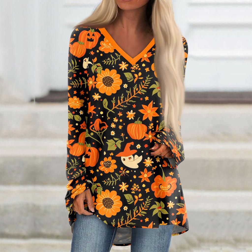Women's Long Sleeve V-Neck Tunic T-Shirt with Halloween Print for Casual Fall Outings