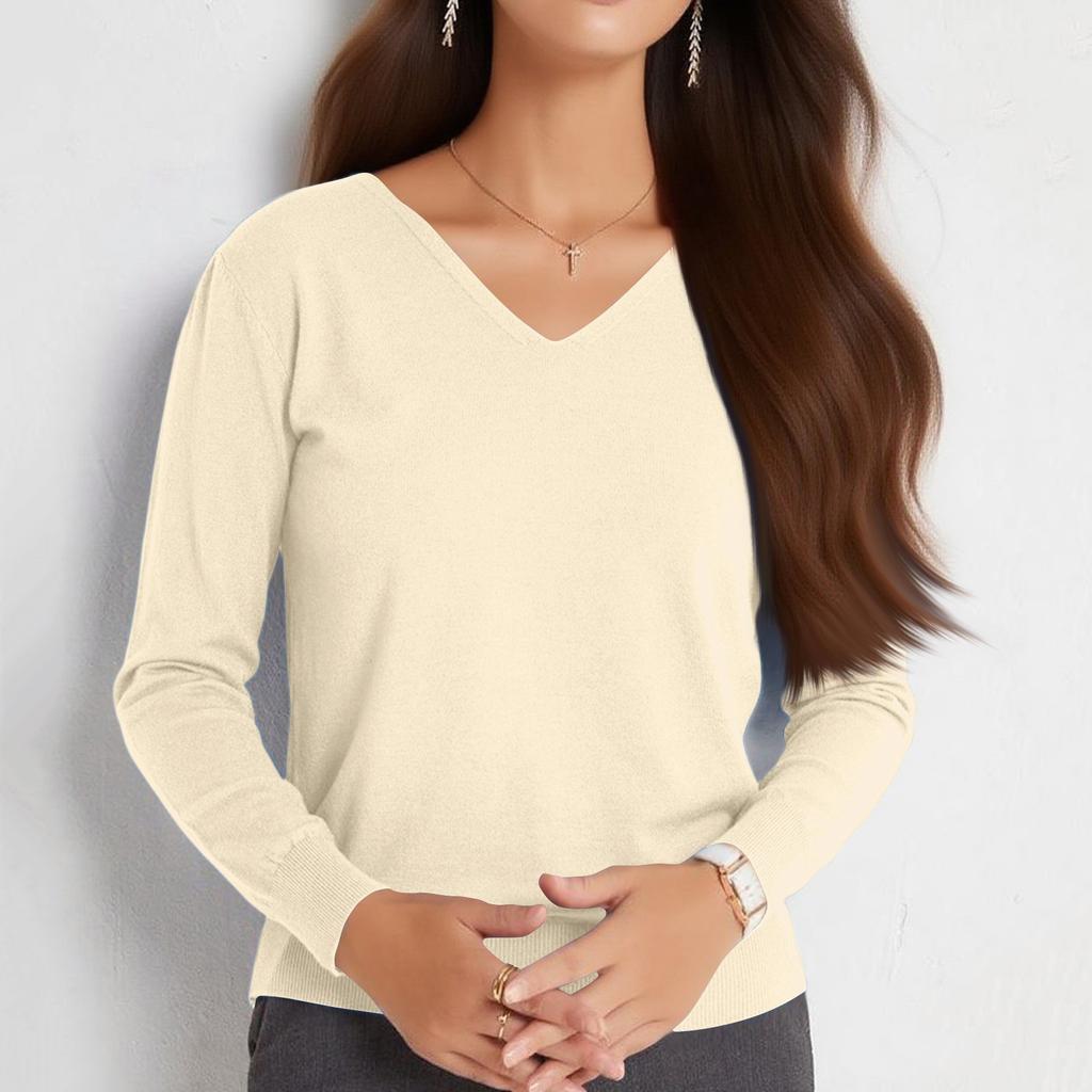 Women's Fashion Loose Knit Sweater Bottom Shirt V-Neck Pullover Long Sleeve Solid Color Top