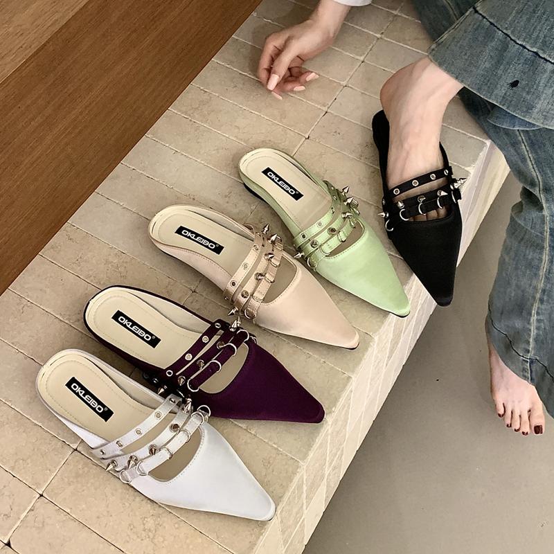 2026 Summer New Brand Women Slipper Fashion Rivet Pointed Toe Slip On Mules Shoes Soft Flat Heel Elegant Outdoor Dress