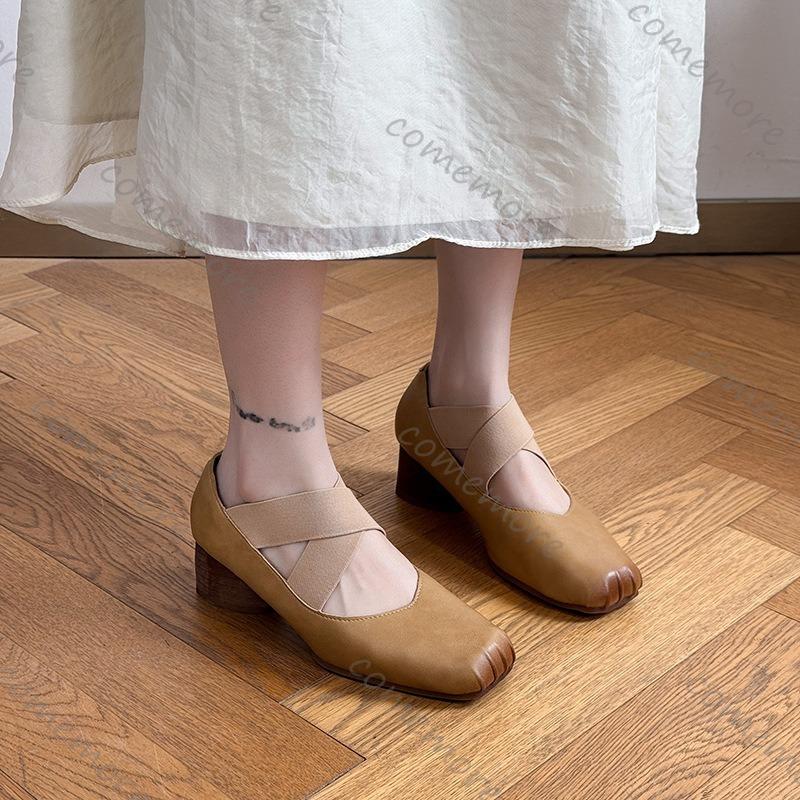 Fashion Comemore Medium Thick Heel Ballet Mary Jane Women's Shoes Fashion Shallow Mouth Square Toe Pumps Cross Strap Heels for Women