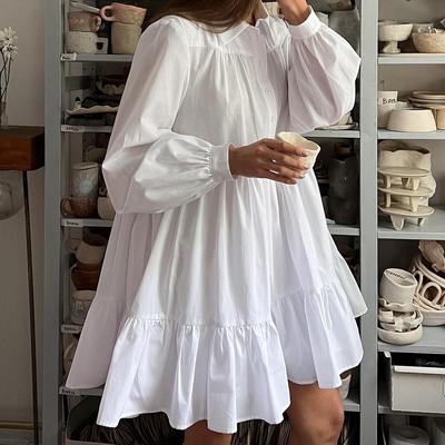 Frühling Langarm Hemdkleid Einfarbig Revers Kleid Damen OL Einfache Baumwolle Top