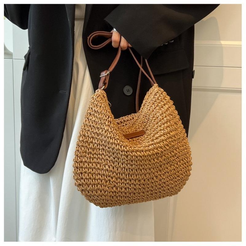 Large Capacity Straw Shoulder Bag With Zipper New Handmade Woven Bag Versatile Crossbody Bag For Women Vacation Beach Bag