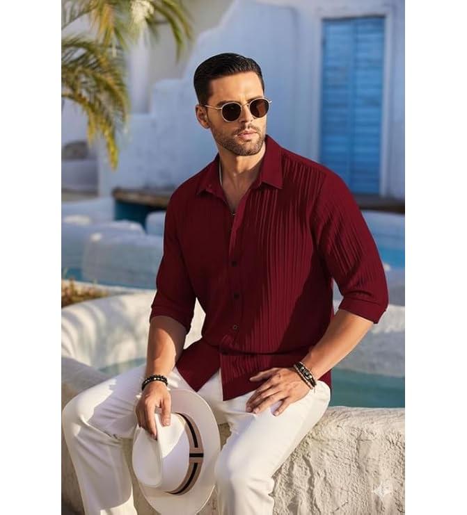 Men's Casual Button Down Shirts Long Sleeve Linen Shirt Fashion Textured Beach Summer Shirt