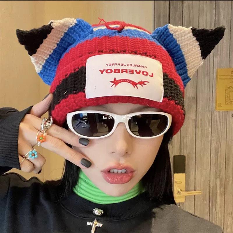 Loverboy Women's Wool Knitted Hat - Cute Cat & Pig Ears, Versatile Autumn/Winter Accessory for Couples.