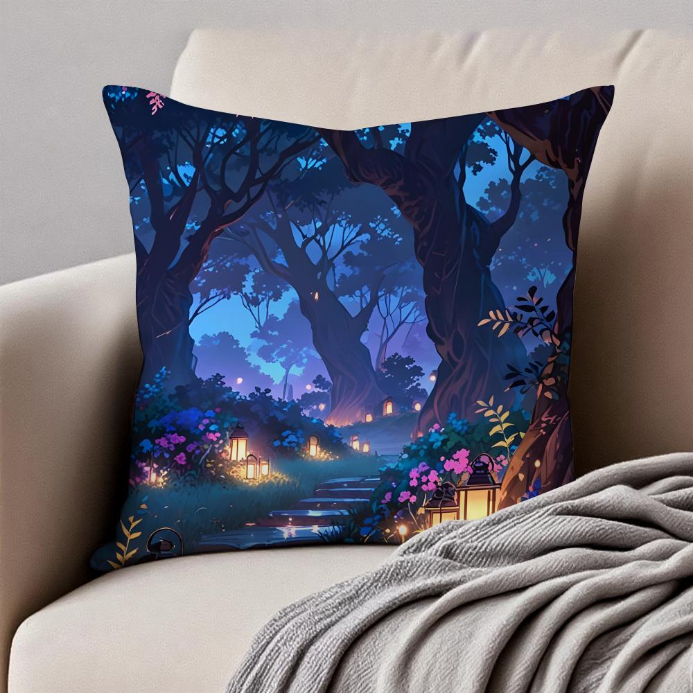 Nighttime dreamy lanterns and flowers Cushion Cover Pillowcase Antidustmite Invisible Zipper Short Plush Sofa Cushion