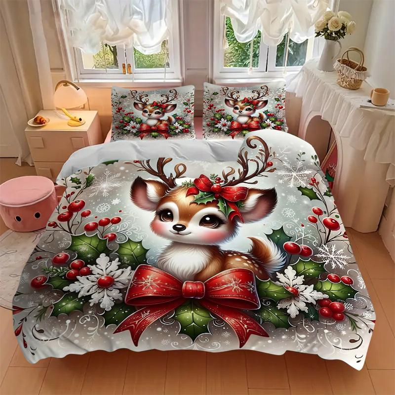 3pcs Christmas Deer Print Bedding Set (1 Cover + 2 Pillowcases, Without Inserts), This Printed Bedding Set is Soft and Comfortable, Suitable for