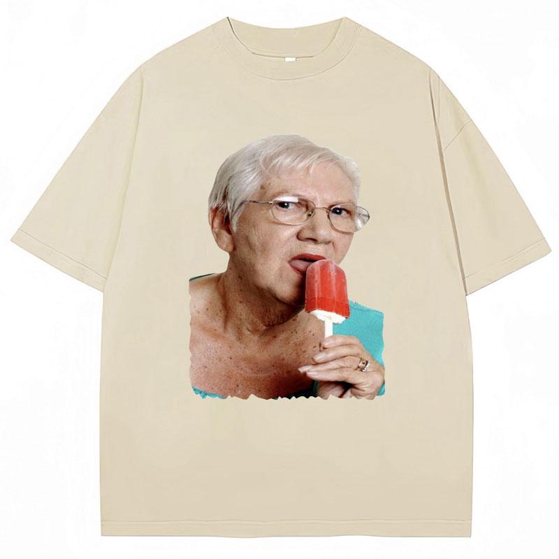 Funny Grandma Licking Red Popsicle Meme T Shirt Cute Granny Ice Cream Humor T Shirts Casual Cotton Oversized Unisex Women Tshirts