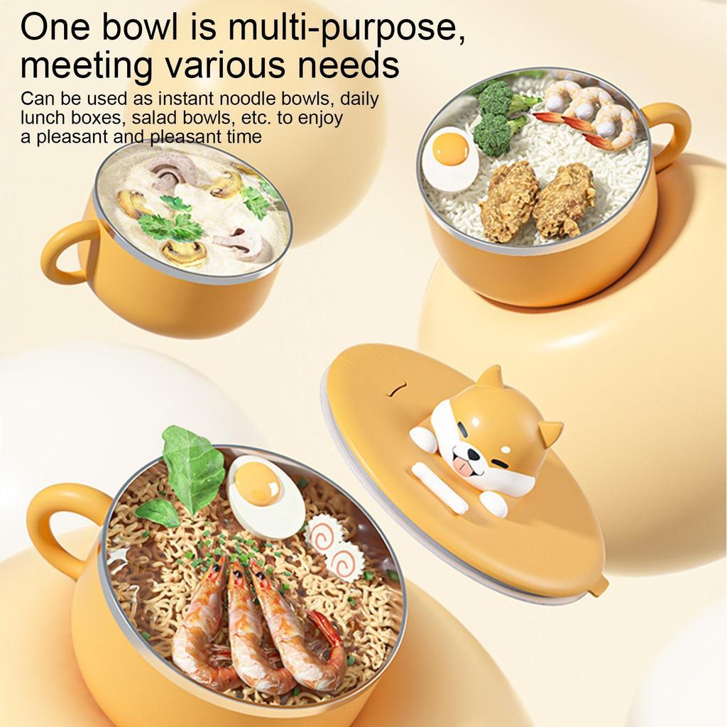 Ramen Bowl 304 Stainless Steel Salad Rice Soup Bowl with Lid and Spork Noodles Bowl Cooker Tableware Kitchen Accessories