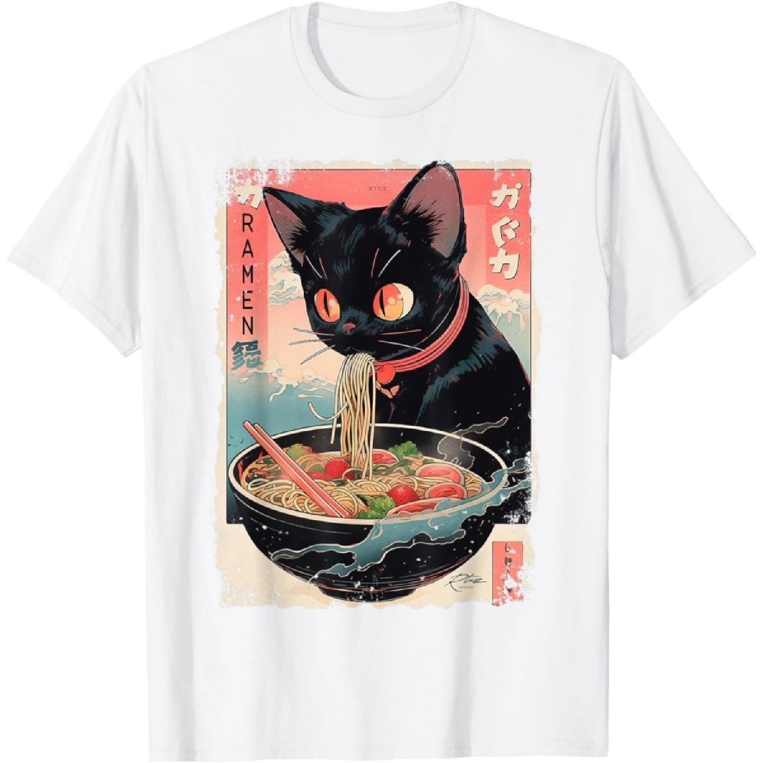 Gololl Cat T-Shirt Anime Manga Kawaii Cat Eating Ramen T-Shirt Funny Graphic Tee Novelty Tshirt for Men Women(1) S