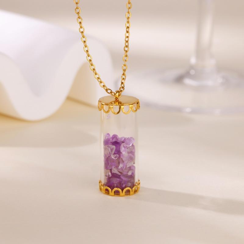 Creative Cylinder Crystal Glass Phase Box Pendant Necklace Pastel Crystal Gravel Wishing Bottle Stainless Steel Clavicle Chain
