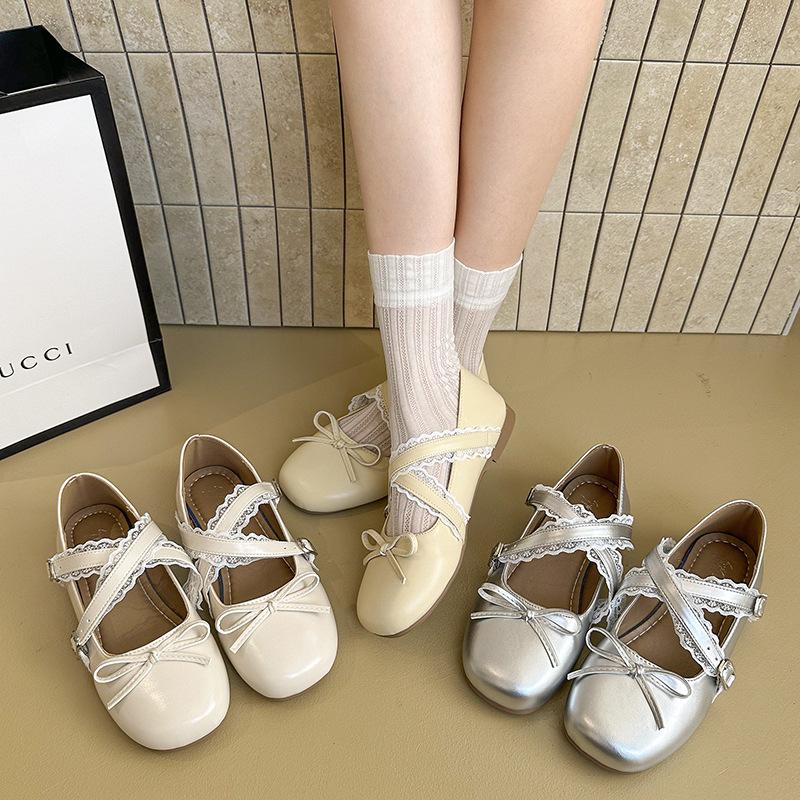 French lace bow Mary Jane small leather shoes women's 2025 summer new with skirt flat ballet lo shoes