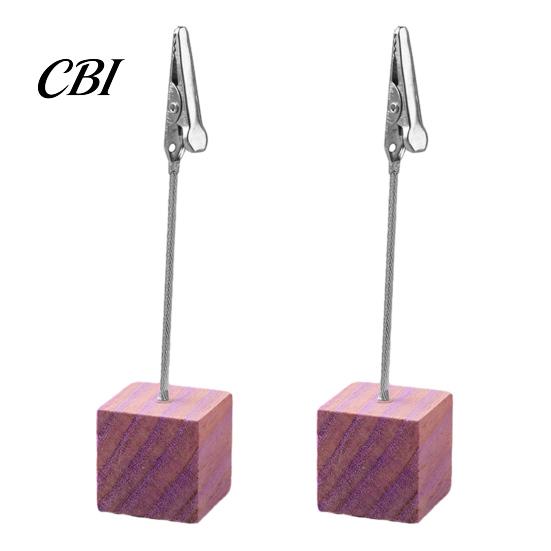 Thick And Thin Paper Clip 2 Pcs Wooden Cube Base Memo Holder with Clips, Mini Table Photo Postcard Number Stands for Name Cards, Photos, Memos,