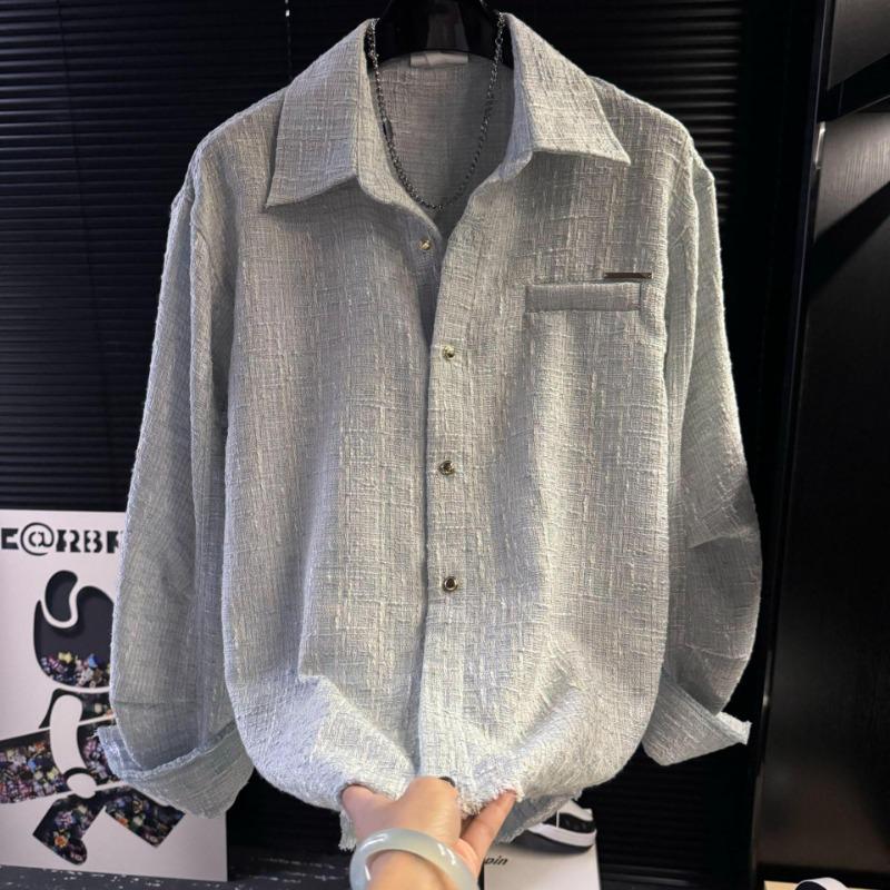 Men s Two Tone Textured Lapel Long Sleeve Button Down Shirt Casual Streetwear Top S синий