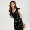 Feifei Sleeve Butterfly Printed Fishtail Dress Black Waist Medium and Long Small Sleeveless Dress Women's Summer