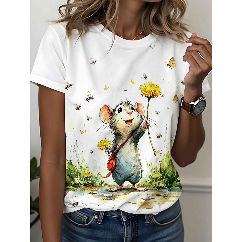 Women's clothing, one-piece round neck short-sleeved printed T-shirt, kind and cute little mouse pattern