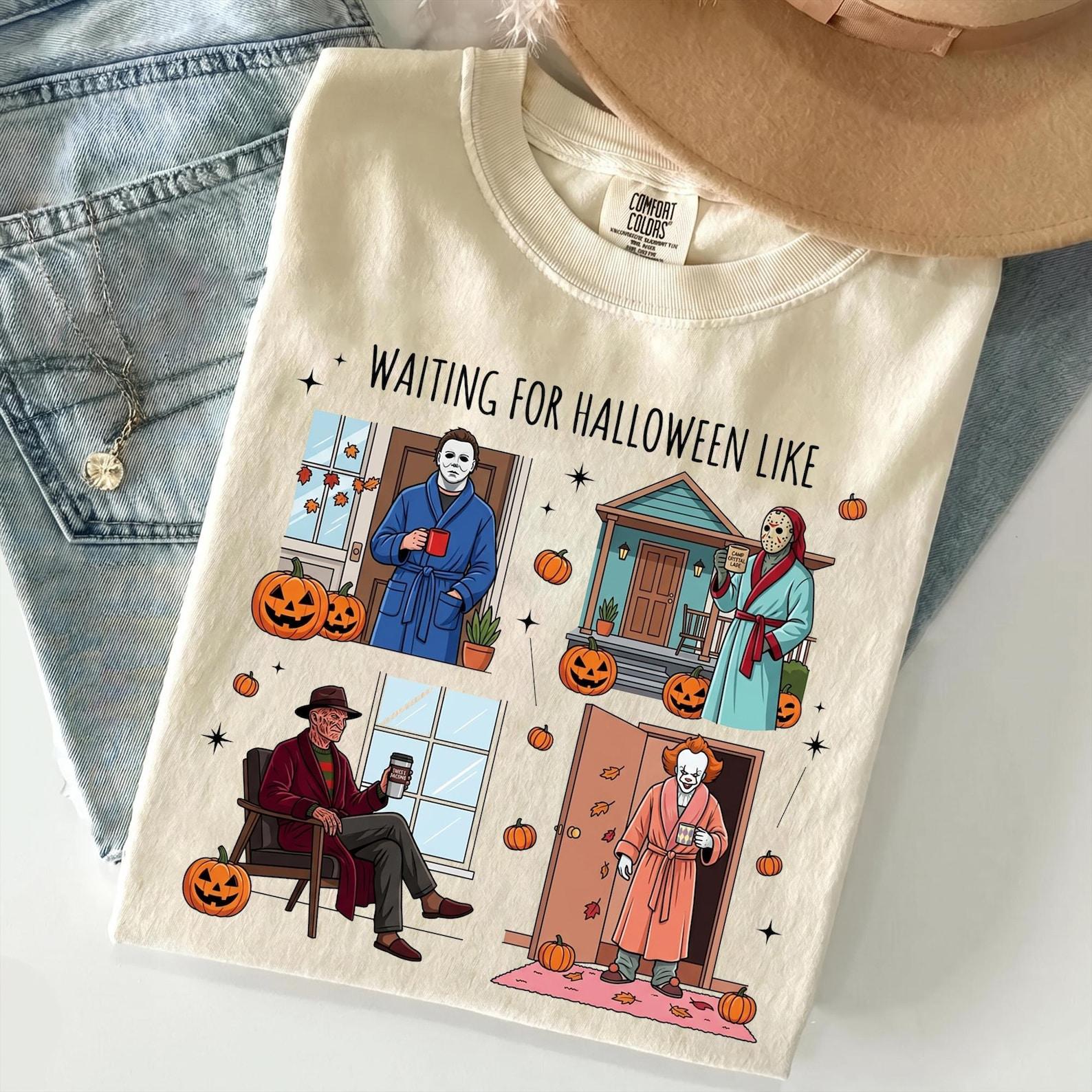 Comfort Colors Halloween Shirt, Waiting For Halloween Like Tee, Funny Horror Movie Characters Coffee T-Shirt, Spooky Season Holiday Gift L