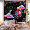 Neon Sun & Moon Tapestry, Psychedelic Rainbow Celestial Print with Clouds On Black Background, Wall Hanging for Boho Decor