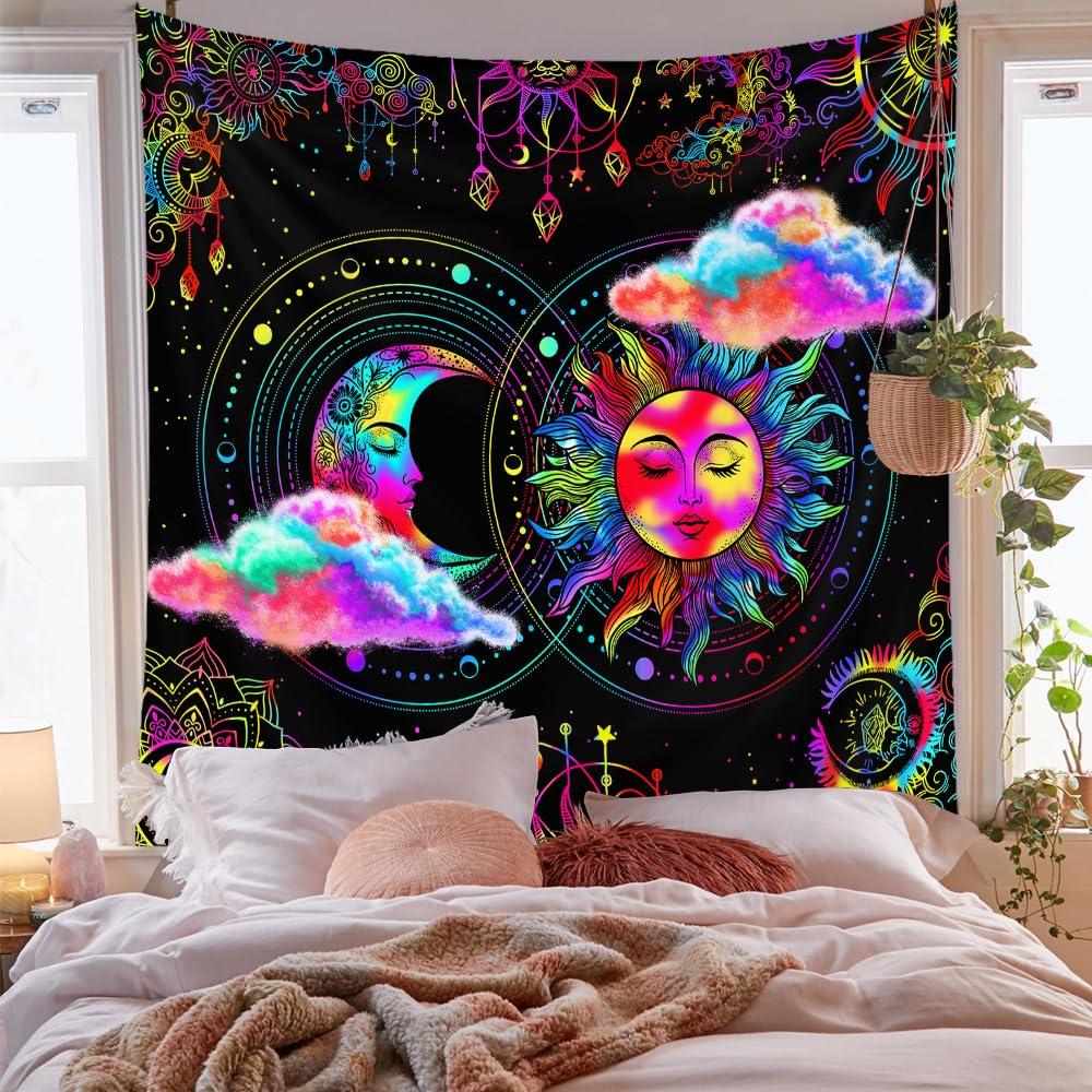 Neon Sun & Moon Tapestry, Psychedelic Rainbow Celestial Print with Clouds On Black Background, Wall Hanging for Boho Decor