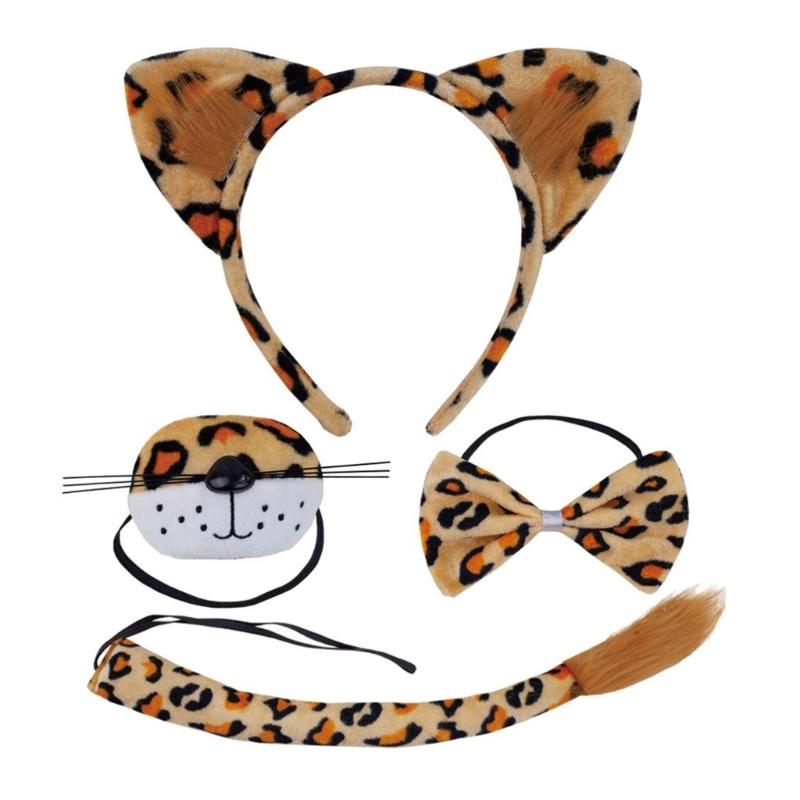 Leoparden Kostüm Set Leoparden Ohren Schwanz Schleifen Nase Handschuhe Tier Kostüm Set Zubehör Kinder Halloween Cosplay Requisiten