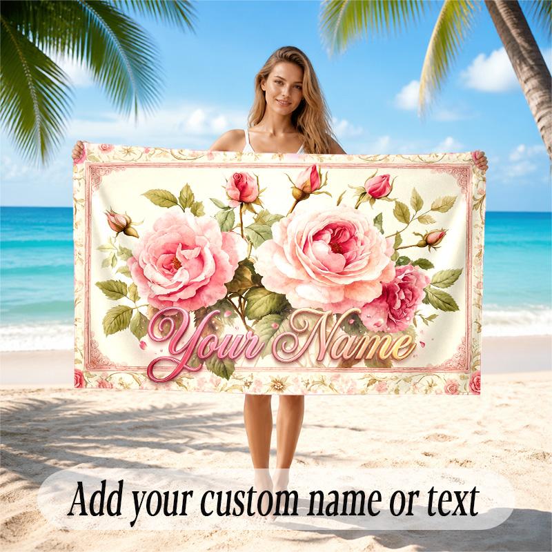 Floral Garden Theme Quick Dry Beach Towel Custom Name Text Print Large Sand Resistant Towel Beach Vacation
