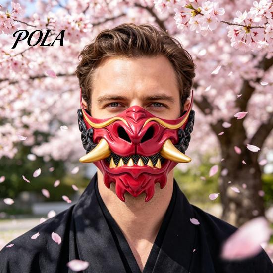 Comfortable Party Mask for Adults Japanese Hannya Red Half Mask, Wolf Teeth & Embossed Cloud Details, Breathable Lightweight Durable Cosplay