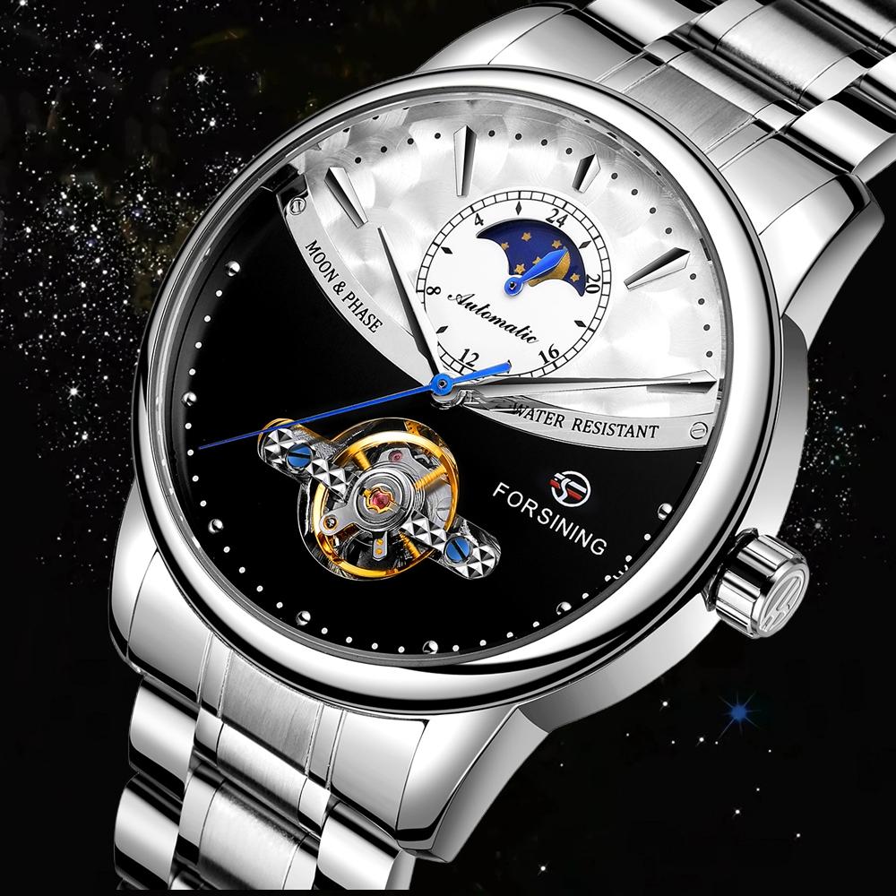 FORSINING Men's Moon Phase Tourbillon Watch Luxury Self-wind Mechanical Automatic Waterproof Retro Watches Stainless Steel Band Wristwatch